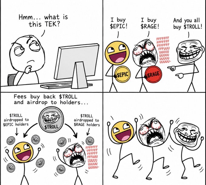 A four-panel meme comic using rage faces explaining a cryptocurrency token concept, featuring text like 'TEK', 'I buy $EPIC!', 'I buy $RAGE!', and 'And you all buy $TROLL!' along with 'Fees buy back $TROLL and airdrop to holders...'.