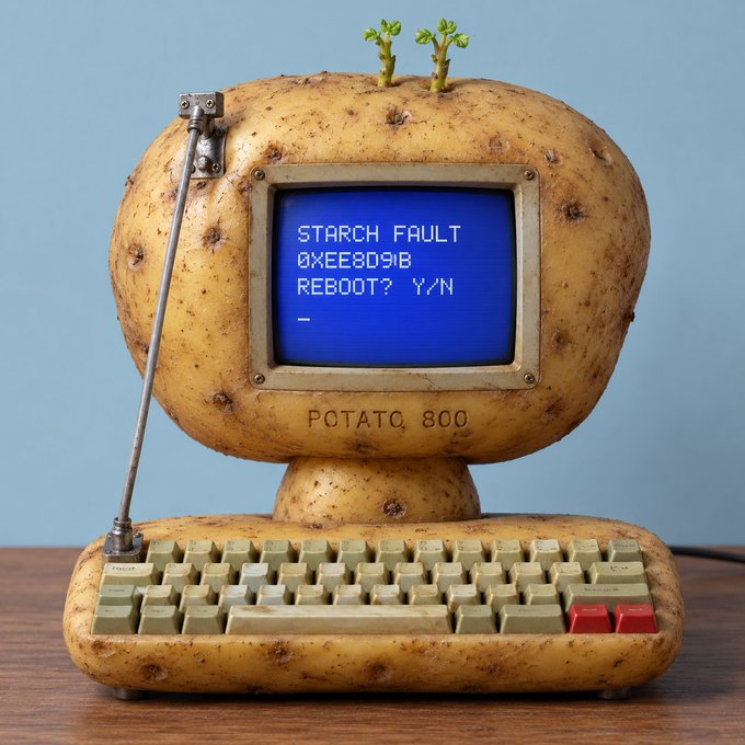 A whimsical potato-shaped retro computer labeled "POTATO 800" displays a blue "STARCH FAULT" error screen with a reboot prompt, perfectly embodying the playful absurdity of the $POTATRON NFT community vibe.