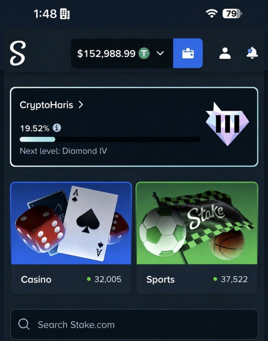 The image shows a Stake.com account dashboard with a balance of $152,988.99 in Tether (T), a VIP progress bar at 19.52% toward Diamond IV tier, and gaming sections for Casino and Sports. It demonstrates a successful, high-balance Stake account, supporting the post's claim about giving "huge tips" to followers.