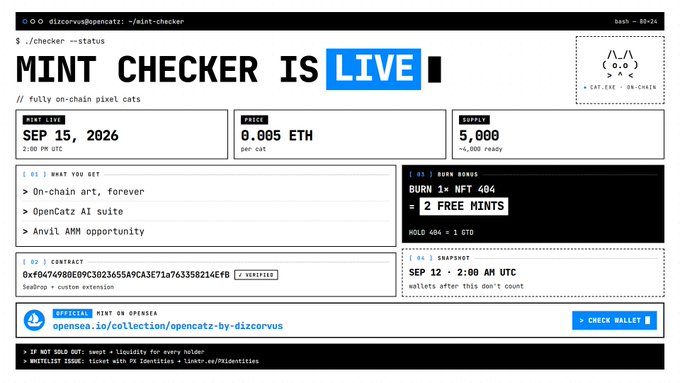 A terminal-style webpage titled 'MINT CHECKER IS LIVE' for 'dizcorvus' showing a mint date of SEP 15, 2026, price 0.005 ETH, supply 5,000, with the contract address '0xf04749DE09C3023655A9CA3E71a763358214Efb' and a banner reading 'BURN 1× NFT 404 = 2 FREE MINTS'.