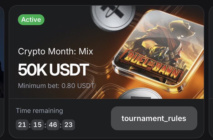 A promotional banner for a crypto gaming event titled 'Crypto Month: Mix' with a '50K USDT' prize pool, minimum bet of 0.80 USDT, time remaining of 21:15:46:23, featuring a 'DUEL PAWN' game logo with a cowboy character.