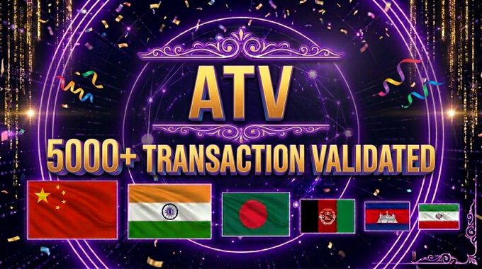 The image features a poster with a purple background that displays the text "ATV" at the top, followed by "announcement from Interlink to ATV - A New Chapter of Leadership Begins Today". The poster also includes five different flags representing various countries, including China, India, and Afghanistan. These flags are arranged in a circular pattern around the main text, creating an eye-catching visual representation of the global nature of the ATV ecosystem.