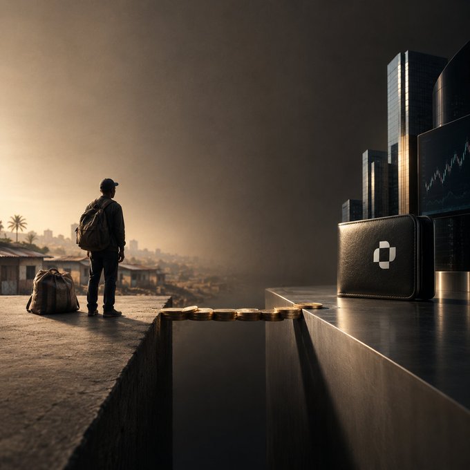 A figure with a backpack stands on a ledge overlooking a hazy cityscape, with gold coins scattered on the ledge next to a wallet-like object and screens showing financial charts.