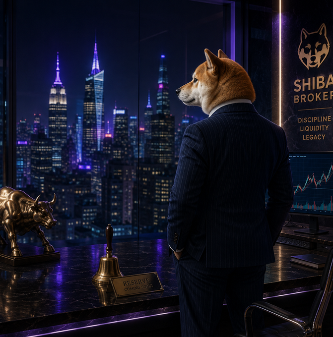 Digital artwork of a Shiba Inu dog wearing a dark pinstripe suit, standing at a desk overlooking a nighttime city skyline, with a 'SHIBA BROKER' sign listing 'DISCIPLINE, LIQUIDITY, LEGACY' and a golden bull statue on the desk.