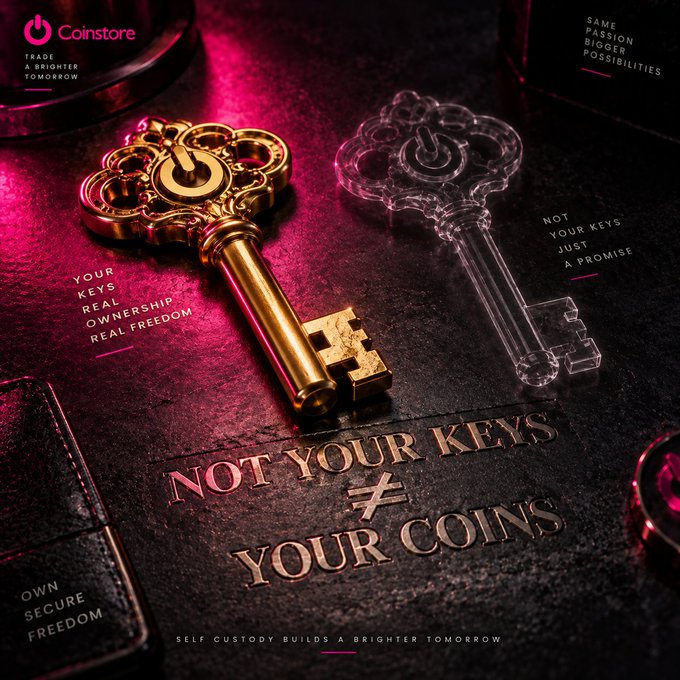 A promotional image for 'Coinstore' featuring a gold ornate key and a transparent crystal key on a dark surface, with the tagline 'NOT YOUR KEYS ≠ YOUR COINS' and 'YOUR KEYS REAL OWNERSHIP REAL FREEDOM'.