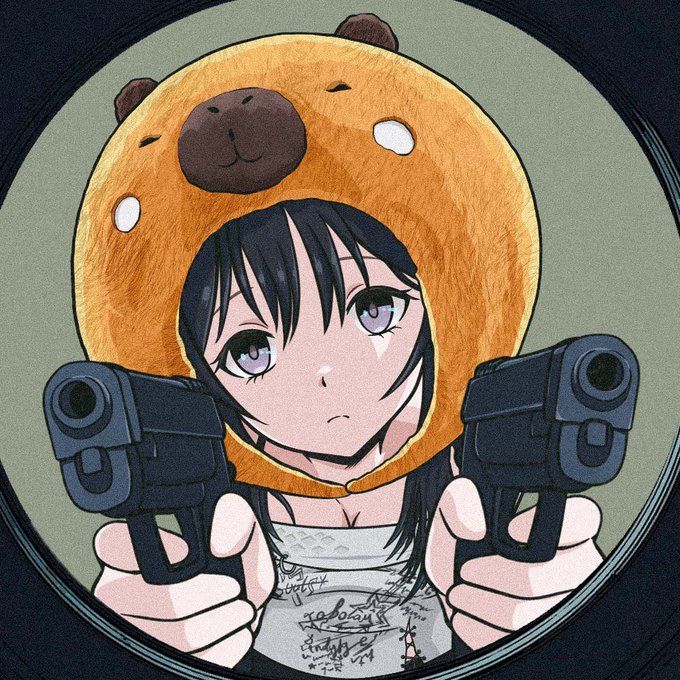 An anime-style illustration shows a girl with purple eyes wearing a large orange bear hood and a patterned top, pointing two handguns forward, with partial text visible on her clothing including "study." The image aligns with the post's mention of Momoyumemi, showcasing the cute, stylized art style associated with the project, while the girl's serious expression and dual-wielded guns add an edgy contrast to the otherwise adorable aesthetic.
