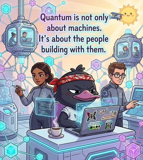 An illustrated graphic with the text 'Quantum is not only about machines. It's about the people building with them,' featuring a stylized duck character in a red bandana working on a laptop alongside human characters in a futuristic tech setting.