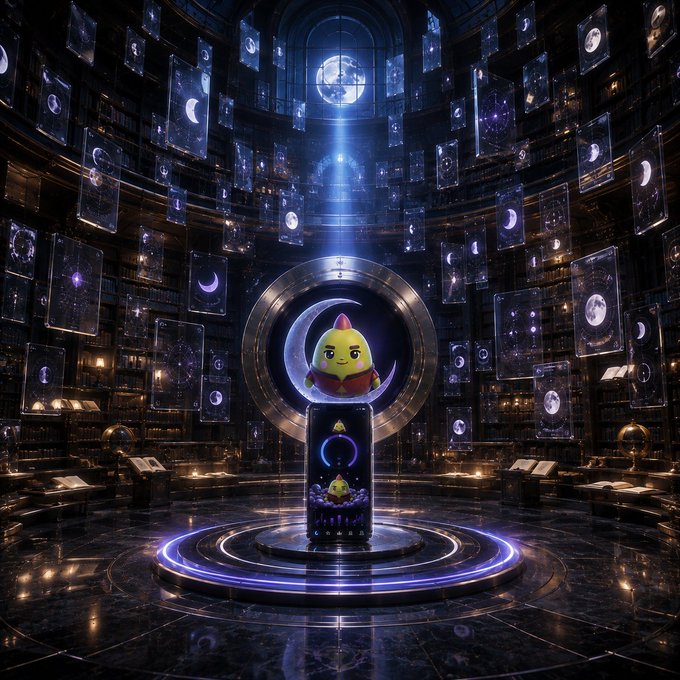 A whimsical, bird-like digital companion character sits on a pedestal within an ornate, dimly lit library filled with floating moon phase displays and circular motifs, reinforcing the message that technology like a mobile app helps users track and improve sleep with a gamified, companion-driven experience.