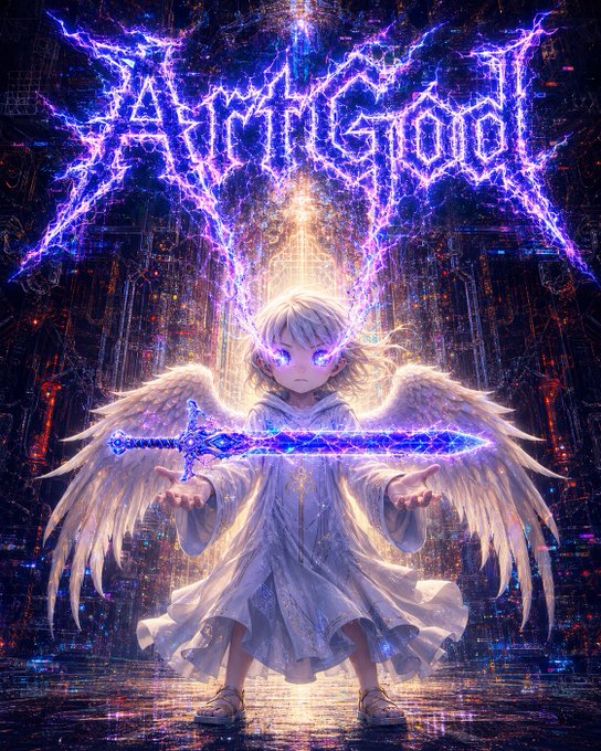 An anime-style digital artwork features a white-haired angelic child character with glowing purple eyes holding a glowing blue sword, set against a dark background with "KINGDOM" in stylized purple text above.