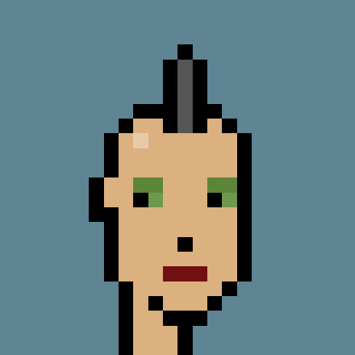 A pixel art illustration of a character with a mohawk hairstyle and green eyes against a blue background.