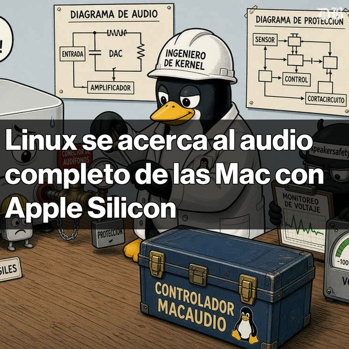 A cartoon illustration of a penguin wearing a hard hat labeled "INGENIERO DE KERNEL" working on audio equipment, with Spanish text reading "Linux se acerca al audio completo de las Mac con Apple Silicon" and a toolbox labeled "CONTROLADOR MACAUDIO".