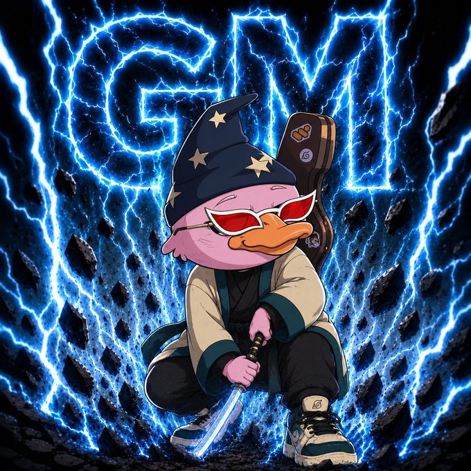 A cartoon duck character wearing a wizard hat and red sunglasses crouches with a katana, set against a blue electric background with the letters 'GN' visible.