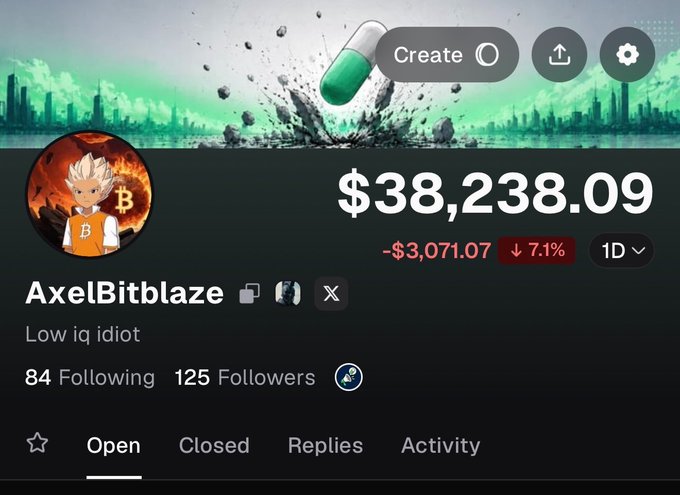 The screenshot displays the Pump.fun profile of user "AxelBitblaze" with the bio "Low iq idiot," showing a current portfolio value of $38,238.09, down $3,071.07 (7.1%) over 1 day. The profile features a Goku avatar and is linked to the post's giveaway promise of splitting $5,000 among commenters if the account's holdings reach $100K.