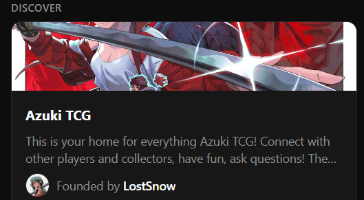 A 'DISCOVER' section preview for 'Azuki TCG', a community for the trading card game founded by 'LostSnow'.