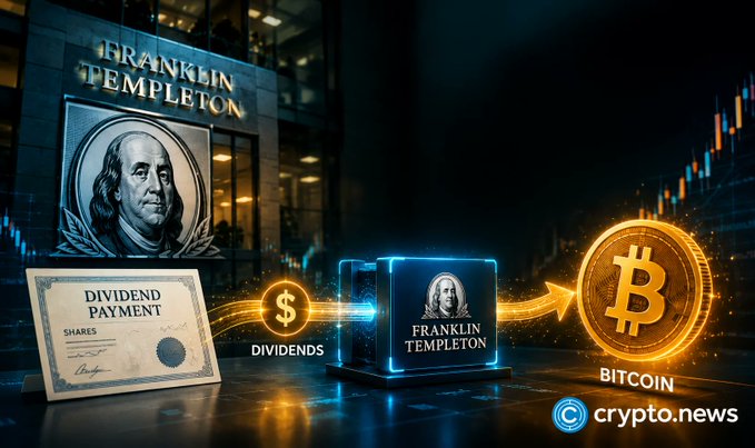 The image features a poster for Franklin Templeton's Bitcoin DRIP ETFs, which are two Bitcoin shares that automatically reinvest stock dividends into $BTC. The poster includes a picture of Franklin Templeton himself, indicating that this is an advertisement related to his company. The text on the poster states "Just In: Franklin Templeton files two Bitcoin DRIP ETFs that automatically reinvest stock dividends into $BTC".