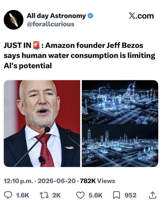 The image features a man wearing a suit, speaking into a microphone at an event or conference. The background of the image shows a city skyline with a large factory visible behind him. The text in the image includes a quote from Jeff Bezos about water consumption and its impact on human health.