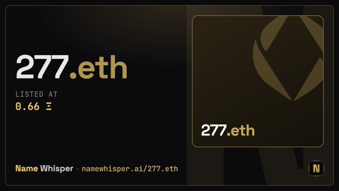 Digital asset listing card for the domain '277.eth', displayed with the Name Whisper branding, a logo, and a listing price of 0.66.