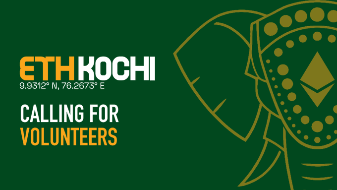 The image is a green promotional banner for "ETHKOCHI" featuring the coordinates 9.9312° N, 76.2673° E and the text "CALLING FOR VOLUNTEERS," alongside an ornate gold elephant illustration with the Ethereum logo. It visually supports the post's call for volunteer applications for the 2026 Ethereum conference and hackathon in Kochi, Kerala.