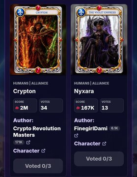 The image shows two NFT character cards from the "Heroes of Valdir" collection by @ZARGATES, featuring "Crypton" (Humans Alliance, 2M score, 34 votes) and "Nyxara" (Humans Alliance, 167K score, 13 votes), both with 0/3 votes. The post is encouraging users to vote for Crypton, the author Crypto Revolution Masters' character, to support it in this collection.