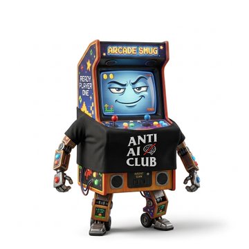 A 3D character combining an arcade machine labeled "ARCADE SNUG" and "ANTI AI CLUB" with robotic limbs and a smug cartoon face displayed on its screen.