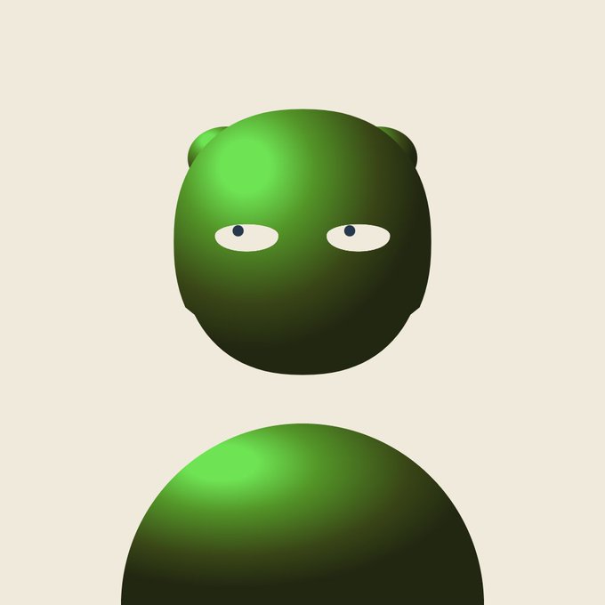 A minimalist 3D rendering of a green character with small ears and simple features against a beige background.