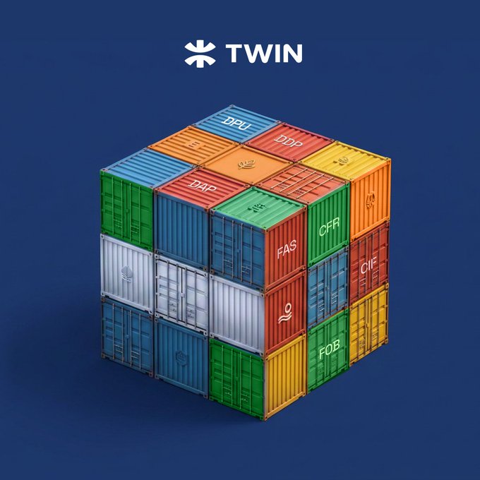 The image features a cube made of stacked shipping containers, with each container painted in a different color - red, orange, yellow, green, blue, purple, and white. The cube has eight sides, showcasing an array of colors and sizes. The text "Twin" is written above the cube, possibly indicating that it represents a concept or idea related to twins or twinning.