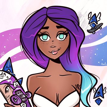 Digital artwork of a character with purple hair and cyan eyes on a striped pink and blue background, surrounded by small winged star creatures.