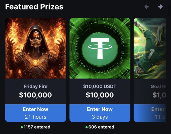 A gaming or crypto platform's 'Featured Prizes' section showing three contests: 'Friday Fire' with a $100,000 prize pool (1157 entered, 21 hours left), a $10,000 USDT prize (606 entered, 3 days left), and a 'Goal Rush' contest starting at $1,000 with 11 days left.