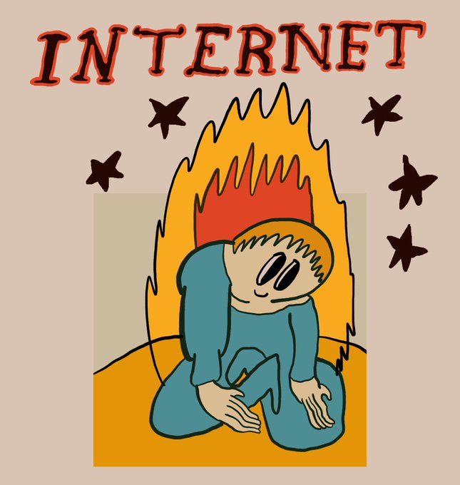 A cartoon drawing of a blonde figure kneeling under large flames with the word 'INTERNET' written in red text at the top.