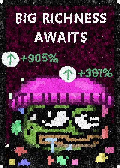 A pixel art advertisement for a cryptocurrency or NFT featuring a glitchy character with text 'BIG RICHNESS AWAITS' and percentage gains of '+905%' and '+387%' on a dark background.