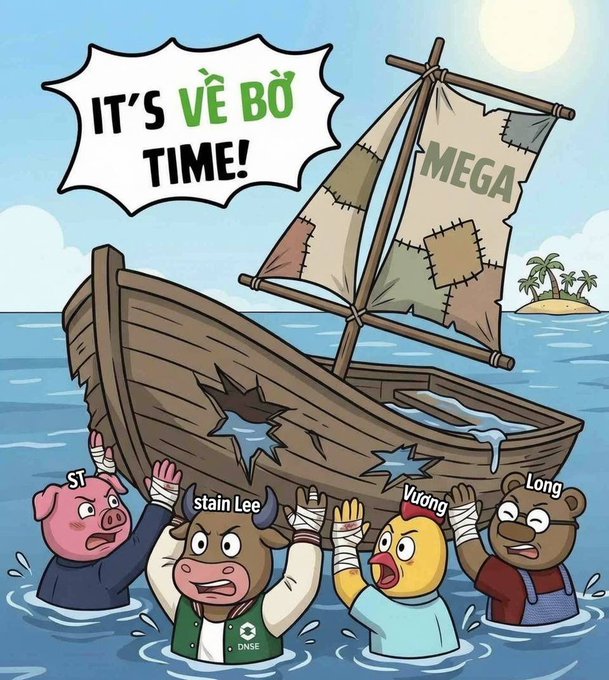 The image features a cartoon boat with four cartoon characters, including two pigs, one chicken, and one bear, all trying to hold onto the same wooden boat that is floating on water. The caption of the image reads "It's ve bo time!".