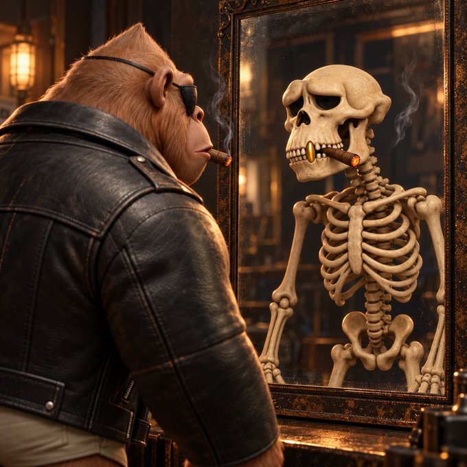 A 3D-rendered image of an anthropomorphic monkey in a leather jacket and sunglasses smoking a cigar, staring into an ornate mirror at its own skeleton reflection.