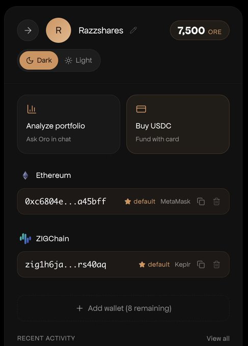 A screenshot of a cryptocurrency wallet interface called Razzshares showing a balance of 7,500 ORE, with Ethereum and ZIGChain wallet addresses displayed.