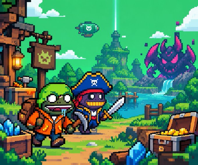 A pixel-art game scene featuring two pirate-like characters, one zombie and one skeleton with a sword, standing in a tropical landscape with a floating ship, treasure chest, and a demonic creature in the background.