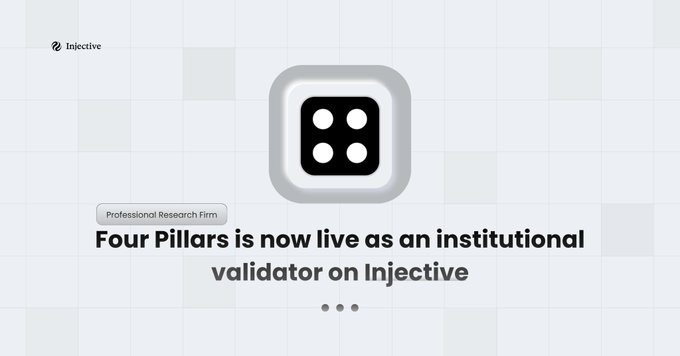 An announcement graphic stating 'Four Pillars is now live as an institutional validator on Injective' with a Professional Research Firm badge and a dice icon logo.