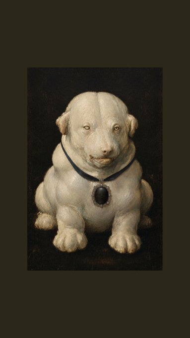 A classical-style portrait painting depicts a white dog, possibly a bulldog or pit bull, sitting against a dark background while wearing a black collar with a pendant.