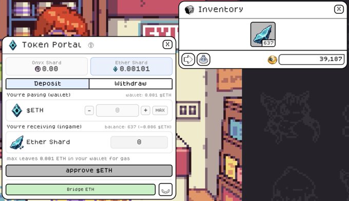 A screenshot of a video game interface showing a 'Token Portal' window with 'Ether Shard' selected for converting $ETH, alongside an inventory showing 537 Ether Shards and 39,187 coins.