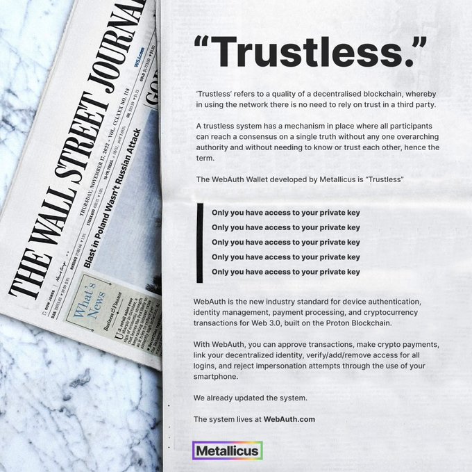 An advertisement for WebAuth by Metallicus displaying the headline 'Trustless.' with text explaining decentralized blockchain technology and the statement 'Only you have access to your private key' repeated multiple times, styled as a Wall Street Journal article.