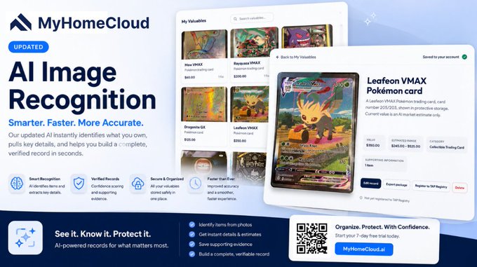 A promotional graphic for 'MyHomeCloud' highlights their 'AI Image Recognition' update, showing how the app catalogs valuables like Pokémon cards, with a '7-day free trial' offer.