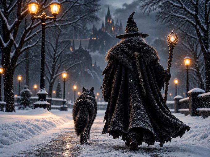 A cloaked wizard with a glowing staff and a black wolf walk through a snowy, lantern-lit path toward a distant castle. The image evokes the post's "winter is coming" theme, symbolizing patience and waiting for the right market opportunities to emerge.