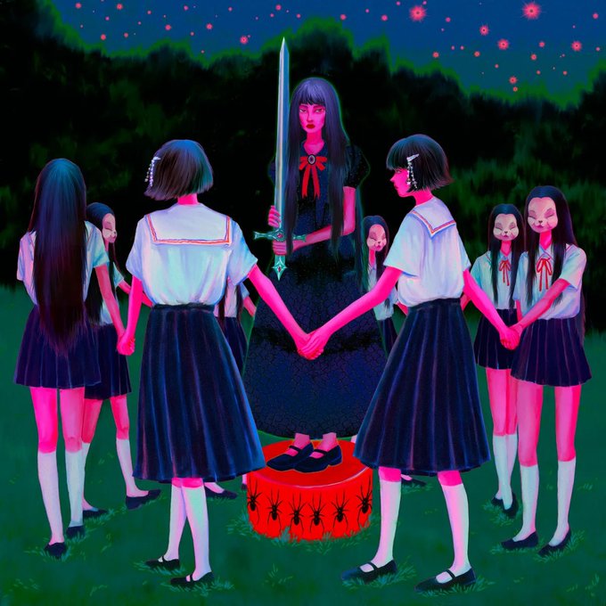 Digital artwork depicting a dark-haired girl in a black dress holding a sword upright while standing on a red platform decorated with black ants, surrounded by other girls in school uniforms holding hands in a circle at night.