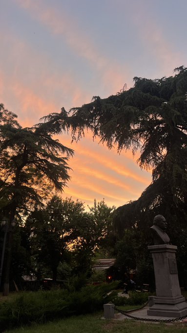 Scenic sunset photograph featuring a silhouetted pine tree branch and a stone bust statue on a pedestal against an orange and blue sky.