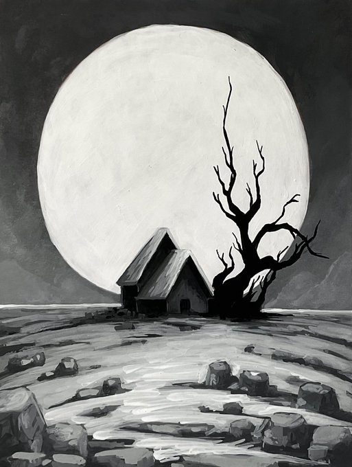 A black and white painting depicting a small cabin next to a bare, twisted tree silhouetted against a large full moon in a desolate landscape.