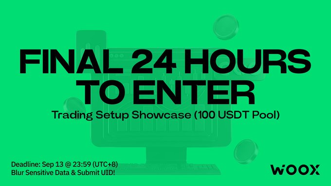A green promotional banner for WOOX announcing the 'Final 24 Hours to Enter' a Trading Setup Showcase with a 100 USDT Pool, with a deadline of Sep 13 @ 23:59 (UTC+8).