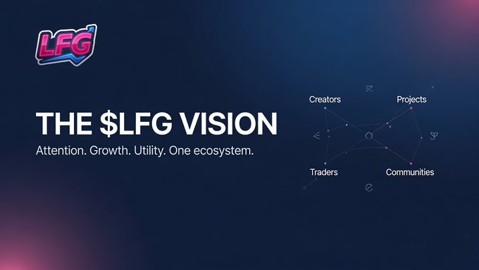 A dark blue promotional banner for "$LFG" features the logo in the top left and the headline "THE $LFG VISION" with the tagline "Attention. Growth. Utility. One ecosystem." On the right, a connected network diagram illustrates four pillars—Creators, Projects, Traders, and Communities—linked by lines, visually reinforcing the post's claim that "$LFG" serves as a unifying token across the memecoin ecosystem.