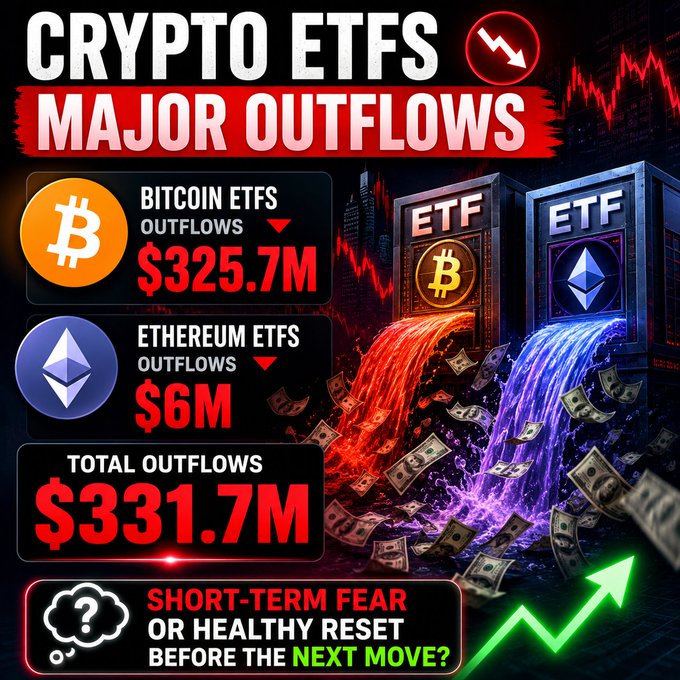The image shows a chart of major crypto outflows, with Bitcoin being the most affected by this major loss. The total flow of money lost amounts to over $337.7 million. There are two distinct cryptocurrency tokens shown in the chart - Bitcoin, which was the most affected and then Ethereum and its ETFs (Etherum and EFTs). Below the chart is a post related to the major outflows: 
"Crypto ETFs just saw major outflows: $325.7M left Bitcoin ETFs $6M left Ethereum ETFs Total outflows reached $331.7M Short-term fear or healthy reset before the next move?". The text is in red and white, making it easy to read even from a distance.
