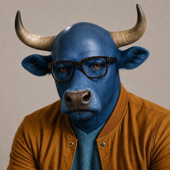 A portrait of a blue bull wearing tortoiseshell glasses and a mustard-yellow bomber jacket over a teal sweater, set against a neutral beige background.