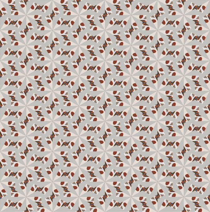 A geometric tile pattern featuring repeating stylized motifs in red, blue, and white on a light gray background.