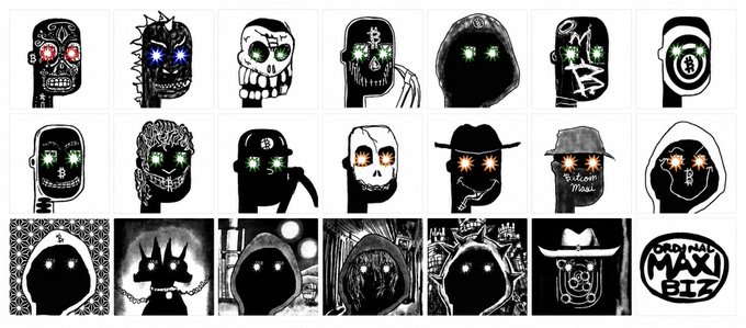 A grid of black-and-white illustrations featuring stylized skull and silhouette designs with glowing eyes, with text including 'Original MAXI BIZ' visible in the bottom right corner.