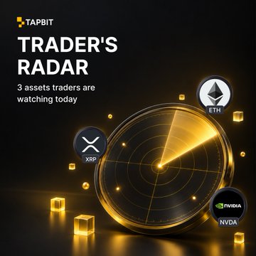 Tapbit Trader's Radar promotional image highlighting 3 assets traders are watching today, featuring logos for XRP, ETH, and NVIDIA against a golden radar display.